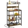 Topeakmart Baker's Rack With Power Outlet For Kitchen, 56" Kitchen Rack With Metal Basket & Hooks, Microwave Stand Cart With Storage Shelves, Industrial Utility Storage Shelf For Kitchen, Rustic Brown