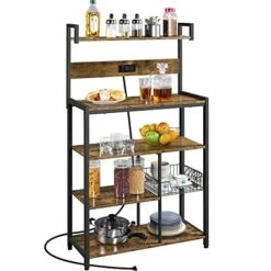 Topeakmart Baker's Rack With Power Outlet For Kitchen, 56" Kitchen Rack With Metal Basket & Hooks, Microwave Stand Cart With Storage Shelves, Industrial Utility Storage Shelf For Kitchen, Rustic Brown