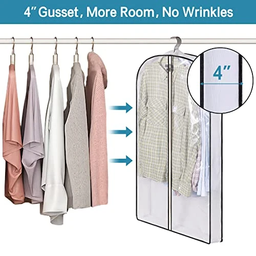KIMBORA 40" Garment Bags For Hanging Clothes Storage With 4" Gussetes Clear Suit Bags For Closet Storage Coat Cover For Sweaters Shirts, Jackets, (5 Packs,White) 1 KIMBORA 40" Garment Bags For Hanging Clothes Storage With 4" Gussetes Clear Suit Bags For Closet Storage Coat Cover For Sweaters Shirts, Jackets, (5 Packs,White)