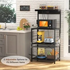 Topfurny Baker‘s Rack With Power Outlet, Microwave Stand Kitchen Storage Shelf, Kitchen Organizer Rack With 5 Hooks, Industrial Coffee Bar Table For Kitchens With Storage, Black -Songmics Furniture Shop 51zDCSm2tqL