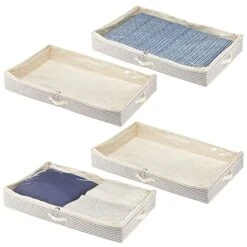 MDesign Soft Fabric Under Bed Storage Organizer Holder Bag For Clothing, Accessories, Linen - Easy-View Top Panel, Attached 2-Way Zippered Lid, Side Handles - 4 Pack - Natural/Cobalt Blue