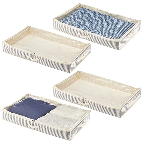 MDesign Soft Fabric Under Bed Storage Organizer Holder Bag For Clothing, Accessories, Linen - Easy-View Top Panel, Attached 2-Way Zippered Lid, Side Handles - 4 Pack - Natural/Cobalt Blue 1 MDesign Soft Fabric Under Bed Storage Organizer Holder Bag For Clothing, Accessories, Linen - Easy-View Top Panel, Attached 2-Way Zippered Lid, Side Handles - 4 Pack - Natural/Cobalt Blue