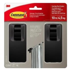 Command Matte Black Curtain Rod Hooks With Command Strips, Hang Curtain Rods No Drilling, Holds Up To 10 Lbs