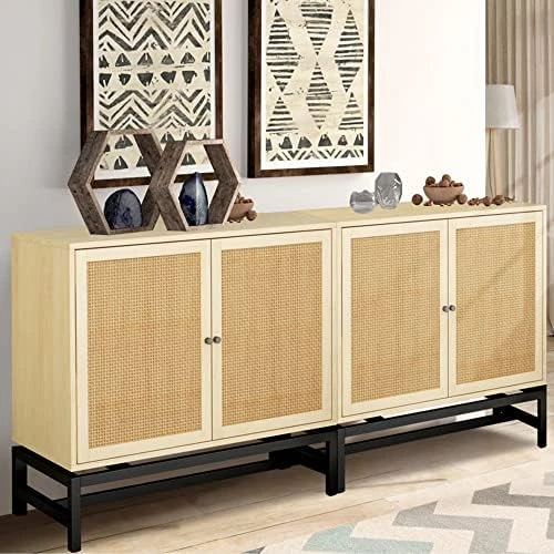 AWQM Sideboard Buffet Cabinet, Accent Storage Cabinet With 2 Rattan Doors, Farmhouse Accent Side Cabinet With Adjustable Shelves,Natural Wood Sideboard Entryway Table For Bar, Dining Room,White 9 AWQM Sideboard Buffet Cabinet, Accent Storage Cabinet With 2 Rattan Doors, Farmhouse Accent Side Cabinet With Adjustable Shelves,Natural Wood Sideboard Entryway Table For Bar, Dining Room,White - Image 9