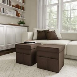 Lavish Home Foldable Storage Cube Ottoman With Pockets – Multipurpose Footrest Organizer For Bedroom, Living Room, Dorm Or RV (Pair, Linen Brown), -Songmics Furniture Shop 51zhAB2EyyL