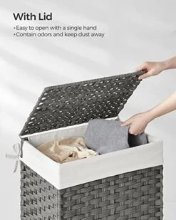 SONGMICS Handwoven Laundry Hamper, 23.8 Gal (90L) Synthetic Rattan Clothes Laundry Basket With Lid And Handles, Foldable, Removable Liner Bag, Gray ULCB51WG 15 SONGMICS Handwoven Laundry Hamper, 23.8 Gal (90L) Synthetic Rattan Clothes Laundry Basket With Lid And Handles, Foldable, Removable Liner Bag, Gray ULCB51WG -Songmics Furniture Shop 51zjBS54OHL