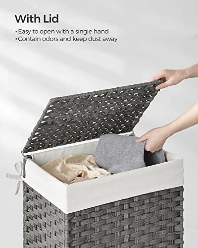 SONGMICS Handwoven Laundry Hamper, 23.8 Gal (90L) Synthetic Rattan Clothes Laundry Basket With Lid And Handles, Foldable, Removable Liner Bag, Gray ULCB51WG 3 SONGMICS Handwoven Laundry Hamper, 23.8 Gal (90L) Synthetic Rattan Clothes Laundry Basket With Lid And Handles, Foldable, Removable Liner Bag, Gray ULCB51WG - Image 3