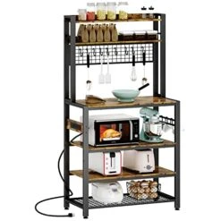 HHETOGOL Bakers Racks For Kitchens With Storage, Bakers Rack With Power Outlet, Coffee Bar, Kitchen Storage Rack With 10 S-Hooks, Kitchen Shelves For Spices, HPJ01B