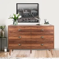 MAISONPEX 6 Drawer Dresser For Bedroom, Walnut Dresser With Metal Handles, Chest Of Drawers, Mid-Century Wood Storage Dresser, Sturdy Frame Bedroom Furniture For Closet Hallway, Living Room, Entryway