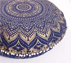 Rajasthaniartdecor Round Pouf Cover Cushion Cotton With Pom Meditetion Seating For Living Dorm Room Color Size 32 Inch Inches (Cover Only) (Blue Gold), RADC003-V, Inches(80 Cm)