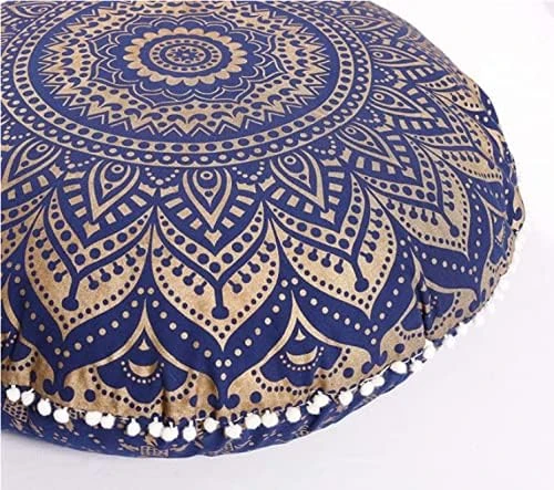 Rajasthaniartdecor Round Pouf Cover Cushion Cotton With Pom Meditetion Seating For Living Dorm Room Color Size 32 Inch Inches (Cover Only) (Blue Gold), RADC003-V, Inches(80 Cm) 6 Rajasthaniartdecor Round Pouf Cover Cushion Cotton With Pom Meditetion Seating For Living Dorm Room Color Size 32 Inch Inches (Cover Only) (Blue Gold), RADC003-V, Inches(80 Cm) - Image 6