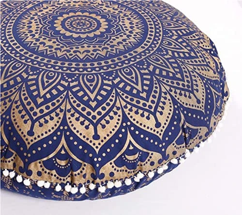 Rajasthaniartdecor Round Pouf Cover Cushion Cotton With Pom Meditetion Seating For Living Dorm Room Color Size 32 Inch Inches (Cover Only) (Blue Gold), RADC003-V, Inches(80 Cm) 1 Rajasthaniartdecor Round Pouf Cover Cushion Cotton With Pom Meditetion Seating For Living Dorm Room Color Size 32 Inch Inches (Cover Only) (Blue Gold), RADC003-V, Inches(80 Cm)