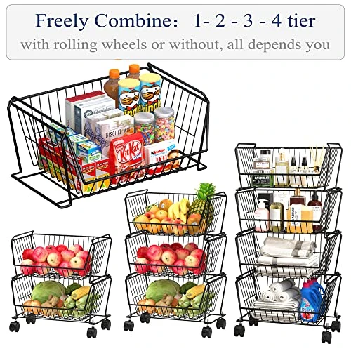 PUSDON 4-Tier Stackable Metal Storage Baskets, Anti-Rust Fruit Vegetable Rack, Dual Use Shelf For Kitchen, Home & Office, Black 5 PUSDON 4-Tier Stackable Metal Storage Baskets, Anti-Rust Fruit Vegetable Rack, Dual Use Shelf For Kitchen, Home & Office, Black - Image 5
