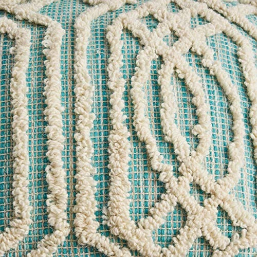 Great Deal Furniture Poppy Boho Wool And Cotton Ottoman Pouf, Aqua And White 4 Great Deal Furniture Poppy Boho Wool And Cotton Ottoman Pouf, Aqua And White - Image 4