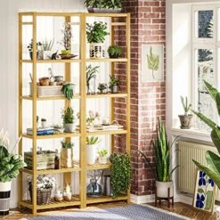 VIAGDO Bamboo Bathroom Shelf 6-Tier, 64.2" Height Narrow Shelving Unit, Multifunctional Storage Rack, Plant Stand Wood Corner Shelf For Kitchen, Livingroom, Hallway, Bathroom Storage Organizer Shelf -Songmics Furniture Shop 61B8OXUsZOL