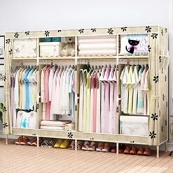 AYDET Huge 82'' Portable Wooden Closet Storage Organizer Wardrobe Clothes Rack With Shelves, 4 Hanging Rods, Free 1 Storage Box (Deep Blue), X-Large, HGD-2.1D