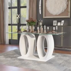 BOWERY HILL Contemporary Tempered Glass Top Double Pedestal Dining Table In White -Songmics Furniture Shop 61K2ZyALlgL