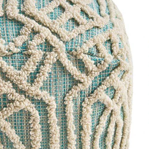 Great Deal Furniture Poppy Boho Wool And Cotton Ottoman Pouf, Aqua And White 5 Great Deal Furniture Poppy Boho Wool And Cotton Ottoman Pouf, Aqua And White - Image 5