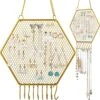 2 Pieces Earring Wall Holder Wall Mounted Earring Organizer Hanging Hexagon Earring Stand Decorative Diamond Grid Shape Jewelry Display Rack With Hanging Hooks For Earrings Necklaces Bracelets (Gold)