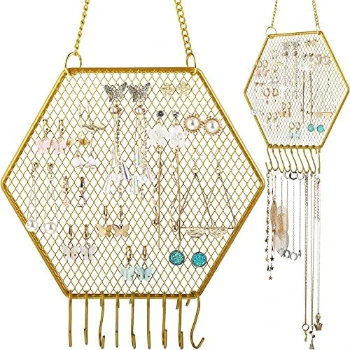 2 Pieces Earring Wall Holder Wall Mounted Earring Organizer Hanging Hexagon Earring Stand Decorative Diamond Grid Shape Jewelry Display Rack With Hanging Hooks For Earrings Necklaces Bracelets (Gold) 8 2 Pieces Earring Wall Holder Wall Mounted Earring Organizer Hanging Hexagon Earring Stand Decorative Diamond Grid Shape Jewelry Display Rack With Hanging Hooks For Earrings Necklaces Bracelets (Gold) - Image 8