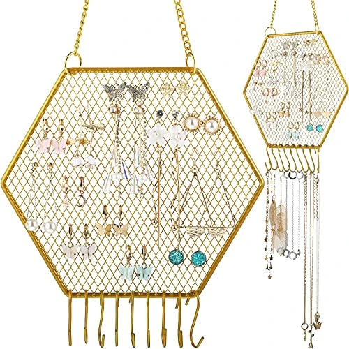 2 Pieces Earring Wall Holder Wall Mounted Earring Organizer Hanging Hexagon Earring Stand Decorative Diamond Grid Shape Jewelry Display Rack With Hanging Hooks For Earrings Necklaces Bracelets (Gold) 1 2 Pieces Earring Wall Holder Wall Mounted Earring Organizer Hanging Hexagon Earring Stand Decorative Diamond Grid Shape Jewelry Display Rack With Hanging Hooks For Earrings Necklaces Bracelets (Gold)