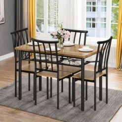Amyove Kitchen Table And Chairs For 4, 5 Piece Dining Table Set With Storage Rack, Rustic Dining Room Table Set Metal And Wood Rectangular Dining Table For Breakfast Nook, Kitchen, Rustic Brown