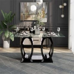 BOWERY HILL Contemporary Tempered Glass Top Double Pedestal Dining Table In Black -Songmics Furniture Shop 61RTqETrVyL