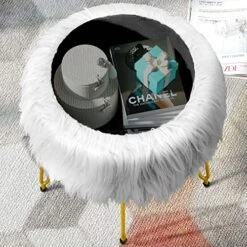 GREENSTELL Vanity Stool Chair Faux Fur With Storage, 15.75”W X 19.29’’H Round Soft Ottoman With 4 Metal Legs, Furry Padded Seat, Modern Multifunctional Makeup Stool For Bedroom Living Room, White -Songmics Furniture Shop 61TUorKSeJL