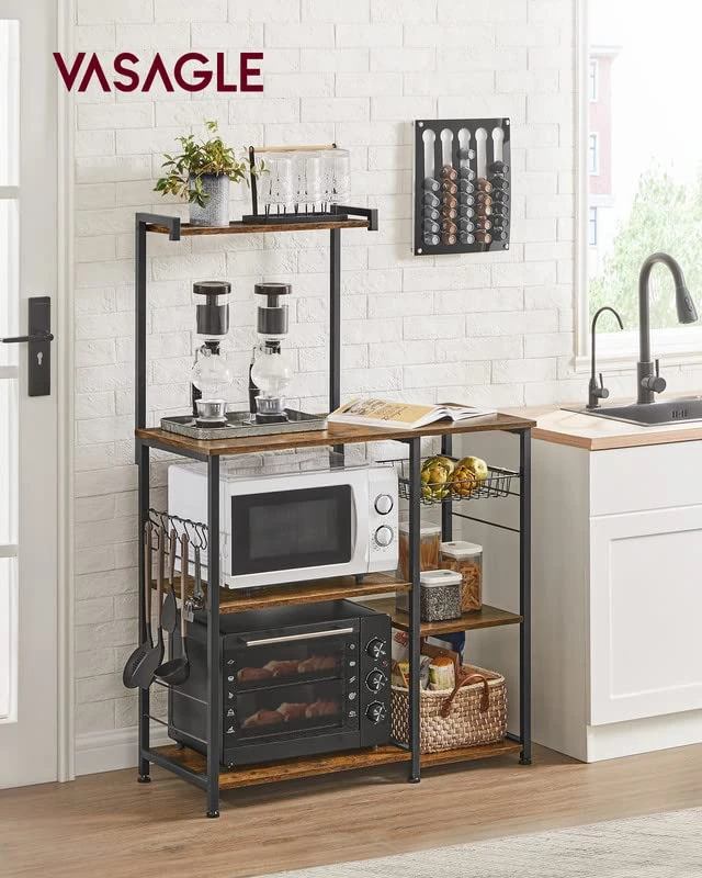 VASAGLE Baker's Rack, Microwave Stand, Kitchen Storage Rack With Wire Basket, 6 Hooks, And Shelves, For Spices, Pots, And Pans, Rustic Brown And Black UKKS35X 2 VASAGLE Baker's Rack, Microwave Stand, Kitchen Storage Rack With Wire Basket, 6 Hooks, And Shelves, For Spices, Pots, And Pans, Rustic Brown And Black UKKS35X - Image 2