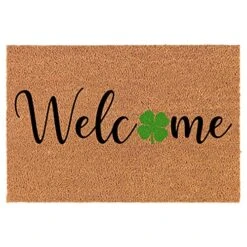 Coir Doormat Front Door Mat New Home Closing Housewarming Gift Welcome 4 Leaf Clover Shamrock St Patrick's Day (30" X 18" Standard)