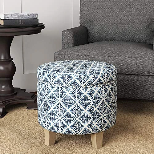 Homepop Home Decor | Upholstered Round Storage Ottoman | Ottoman With Storage For Living Room & Bedroom With Flared Legs, Navy Blue Geometric Pattern 6 Homepop Home Decor | Upholstered Round Storage Ottoman | Ottoman With Storage For Living Room & Bedroom With Flared Legs, Navy Blue Geometric Pattern - Image 6