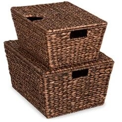 Best Choice Products Set Of 2 XL Multipurpose Classic Water Hyacinth Chests Oversized Woven Tapered Storage Basket For Organization, Laundry, Decoration W/Attached Lid, Handle Holes