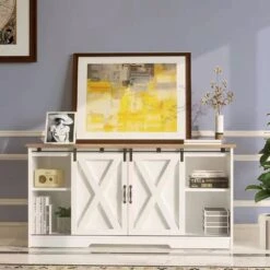 4ever2buy Farmhouse Buffet Cabinet With Storage, 59’’ Coffee Bar Cabinet With Sliding Barn Door, Kitchen Sideboards Buffet Cabinet Adjustable Shelf, White Coffee Bar Table For Living Dining Room 13 4ever2buy Farmhouse Buffet Cabinet With Storage, 59’’ Coffee Bar Cabinet With Sliding Barn Door, Kitchen Sideboards Buffet Cabinet Adjustable Shelf, White Coffee Bar Table For Living Dining Room -Songmics Furniture Shop 61ecb4p5yyL