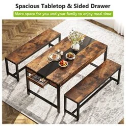 Tribesigns Dining Table Set For 4 To 6, 63 Inch Kitchen Breakfast Table With 2 Benches & Sided Drawer, 3-Piece Modern Industrial Bar Table Furniture Set For Dining Room, Home, Rustic Brown & Black -Songmics Furniture Shop 61gjn9SZe0L