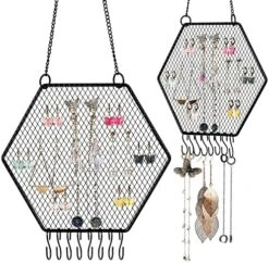 2 Pieces Earring Wall Holder Wall Mounted Earring Organizer Hanging Hexagon Earring Stand Decorative Diamond Grid Shape Jewelry Display Rack With Hanging Hooks For Earrings Necklaces Bracelets (Gold) 15 2 Pieces Earring Wall Holder Wall Mounted Earring Organizer Hanging Hexagon Earring Stand Decorative Diamond Grid Shape Jewelry Display Rack With Hanging Hooks For Earrings Necklaces Bracelets (Gold) -Songmics Furniture Shop 61gkZyESsyL. AC