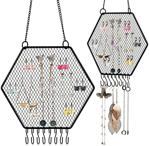 2 Pieces Earring Wall Holder Wall Mounted Earring Organizer Hanging Hexagon Earring Stand Decorative Diamond Grid Shape Jewelry Display Rack With Hanging Hooks For Earrings Necklaces Bracelets (Gold) 7 2 Pieces Earring Wall Holder Wall Mounted Earring Organizer Hanging Hexagon Earring Stand Decorative Diamond Grid Shape Jewelry Display Rack With Hanging Hooks For Earrings Necklaces Bracelets (Gold) - Image 7