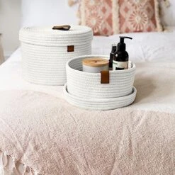 DENJA & CO Round Baskets With Lids - Set Of 2 Decorative Baskets With Lids For Organizing - Cotton Rope Lidded Baskets With Genuine Leather Tabs - Storage Baskets With Lids -Songmics Furniture Shop 61p73Nbg2FL