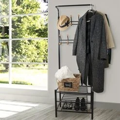 Sorbus Coat Shoe Racks Bench - Hallway Entryway Coat Rack With Storage - Shoe Bench Organizer Features 18 Hooks And 3-Tier Shelves, Metal (Coat Rack - Black) -Songmics Furniture Shop 61pYNXXTnGL