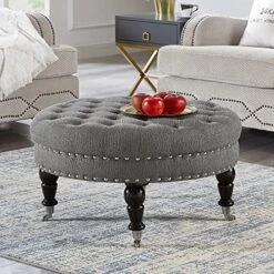 24KF Large Round Upholstered Tufted Linen Ottoman Coffee Table, Large Footrest Ottoman With Wood Shelf Storage- Navy Blue -Songmics Furniture Shop 61pxspo9jnL. AC
