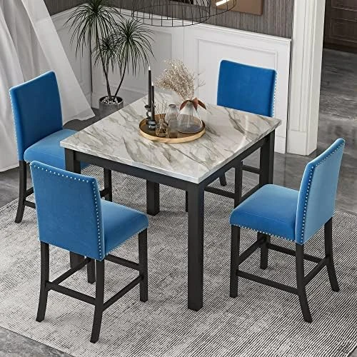 Harper & Bright Designs 5-Piece Faux Marble Top Dining Set, Counter Height Kitchen Table Set-Dining Table W/Faux Marble Top And 4 Beige High Back Upholstered Chairs W/Nailed Trim 9 Harper & Bright Designs 5-Piece Faux Marble Top Dining Set, Counter Height Kitchen Table Set-Dining Table W/Faux Marble Top And 4 Beige High Back Upholstered Chairs W/Nailed Trim - Image 9