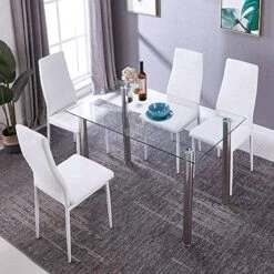 5 Pcs Modern Tempered Glass White Dining Room Table Set With 4 High Back Faxu Leather Dinning Chairs W/Can Opener